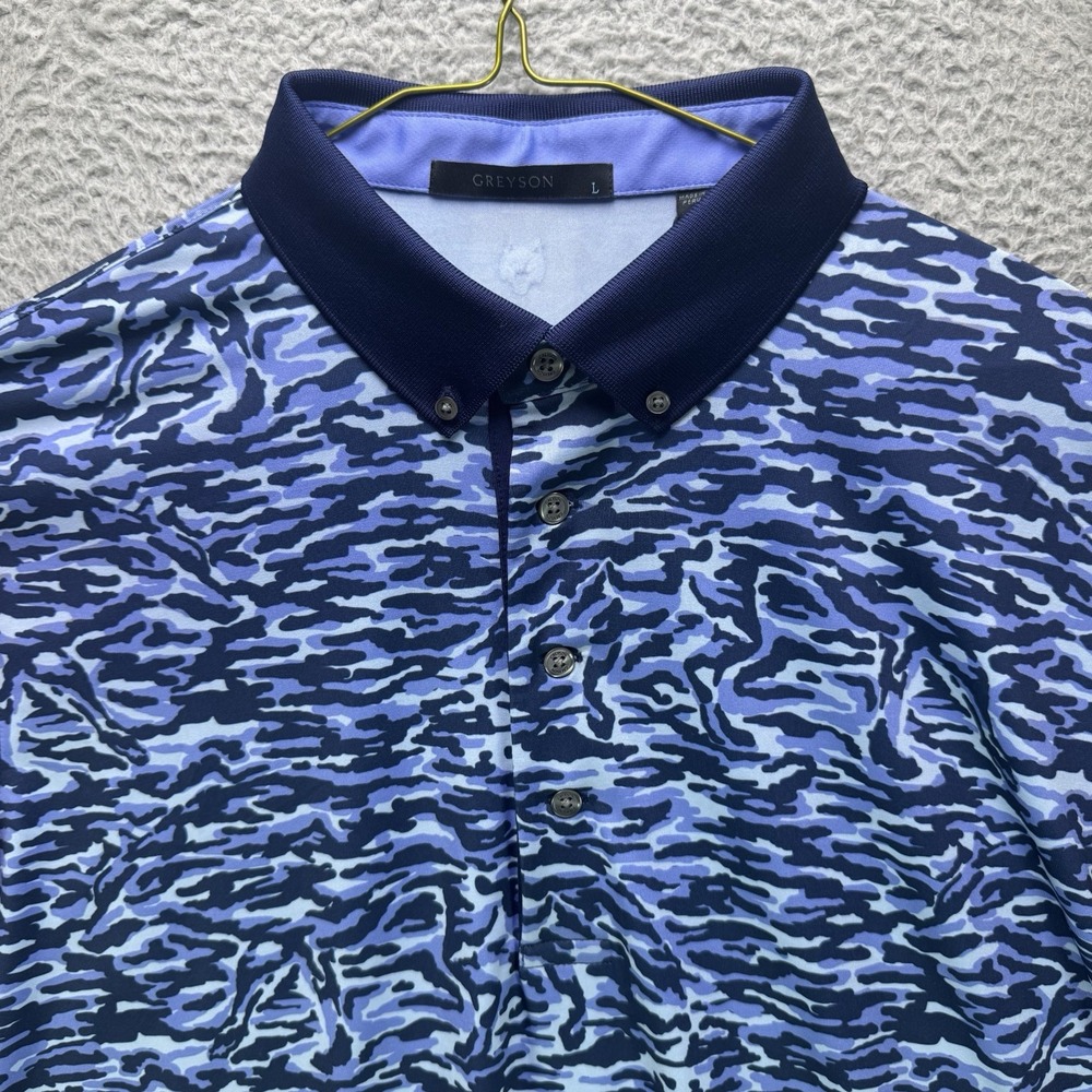 Greyson Golf Polo Shirt Mens Large Blue Stalking Wolf Camo Short Sleeve NWT $130 - Picture 3 of 14